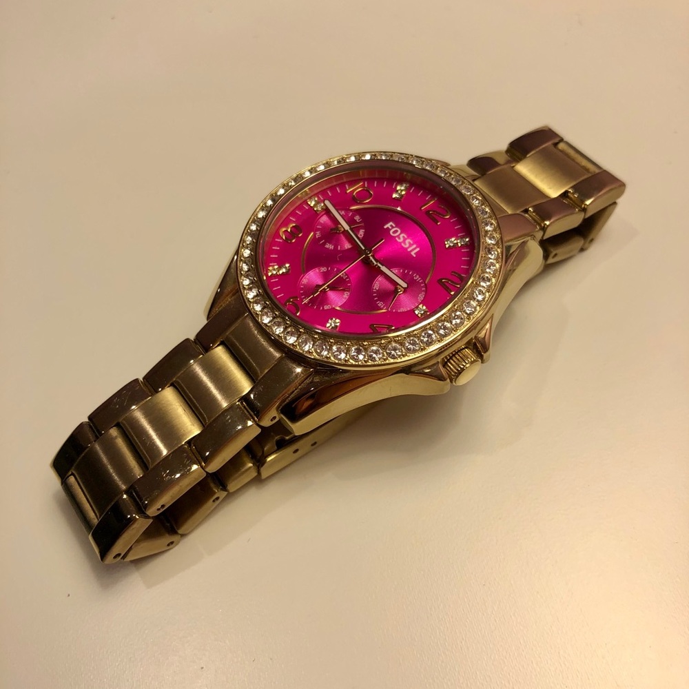 Women’s Fossil Gold Watch with Hot Pink Face